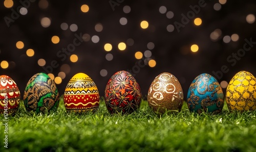 Colorful decorated eggs lined up on grass with sparkling background during Easter celebration