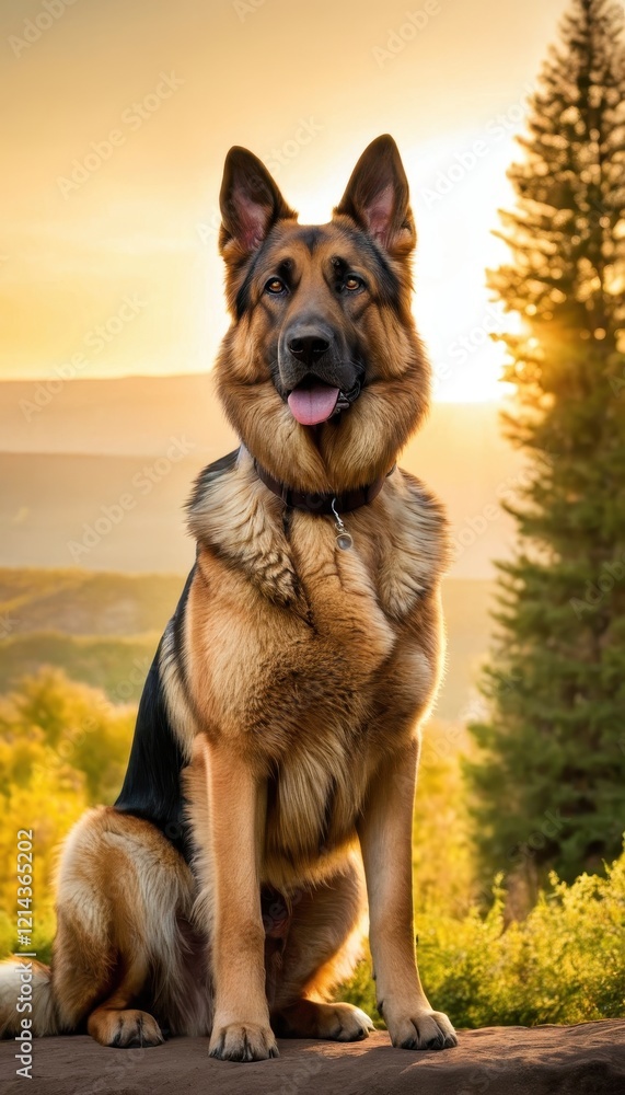 A majestic German Shepherd standing on a hilltop during sunset, with a panoramic view of rolling green hills and golden light A majestic German Shepherd standing on a hilltop during sunset, with a panoramic view of rolling green hills and golden light