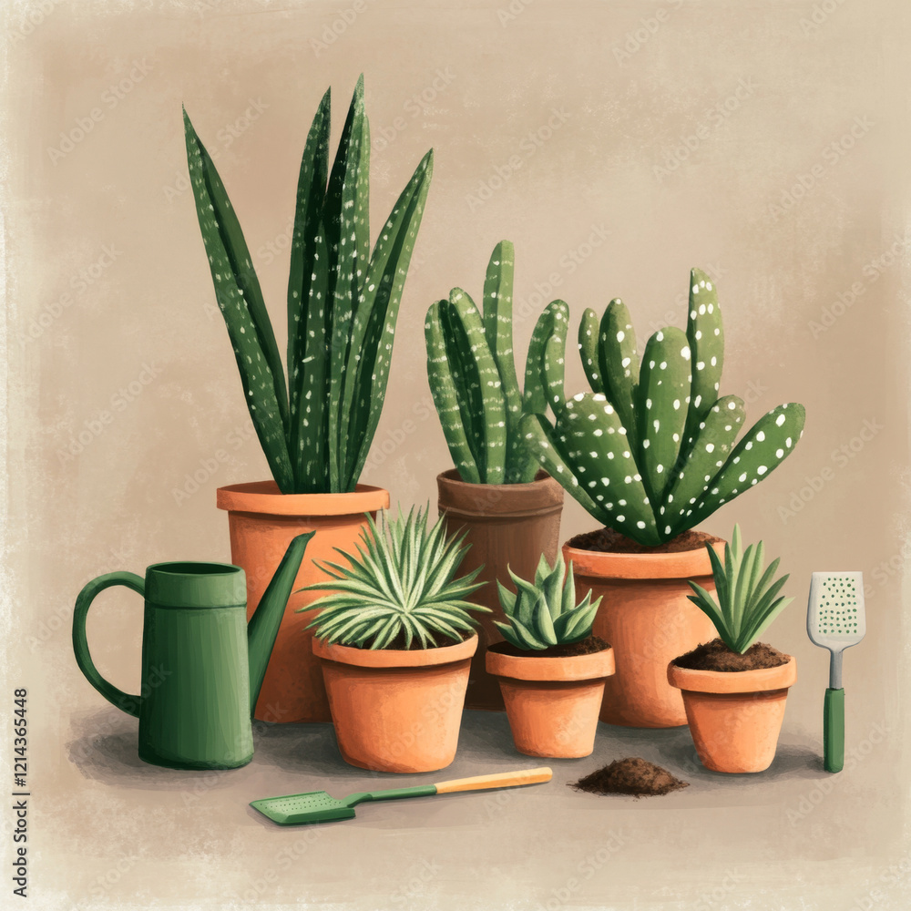 Potted cacti and succulents with garden tools on beige surface Potted cacti and succulents with garden tools on beige surface