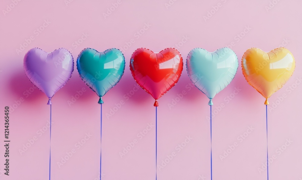 Colorful heart shaped balloons arranged on a pastel pink background for celebrations or events Colorful heart shaped balloons arranged on a pastel pink background for celebrations or events