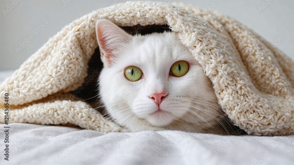 Naklejka premium Charming white cat with bright green eyes peeking out from a soft beige knitted blanket, exuding warmth and coziness on a lazy day at home. Ideal for comfort and pet-themed visuals
