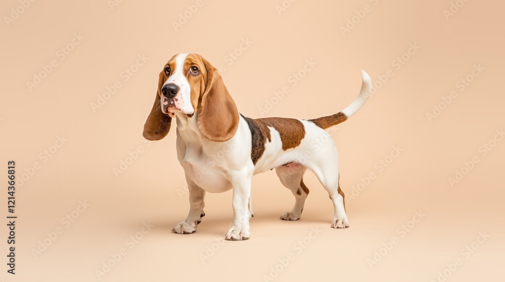 Playful Basset Hound Standing, Minimalist Studio Background, Happy Dog Playful Basset Hound Standing, Minimalist Studio Background, Happy Dog