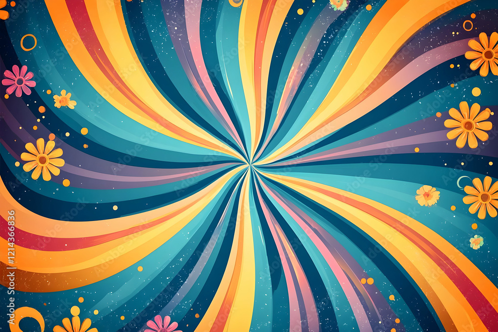 Vibrant Swirls: Retro Rainbow Design with Flowers Vibrant Swirls: Retro Rainbow Design with Flowers