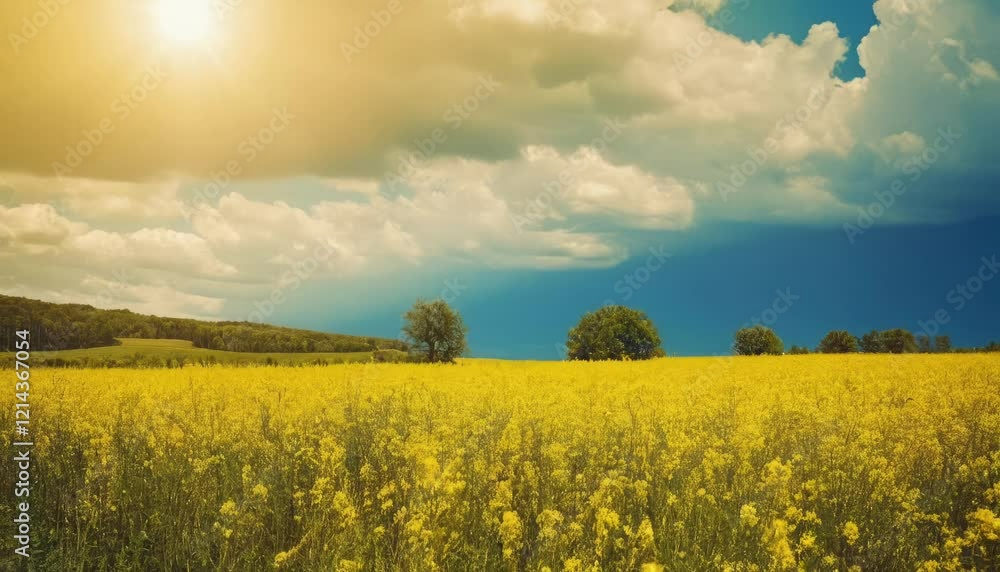 Golden Fields of Hope: A breathtaking panoramic view of a vast, sun-drenched field of vibrant yellow rapeseed flowers, rolling hills in the distance, and a blue sky punctuated by fluffy clouds. Golden Fields of Hope: A breathtaking panoramic view of a vast, sun-drenched field of vibrant yellow rapeseed flowers, rolling hills in the distance, and a blue sky punctuated by fluffy clouds.