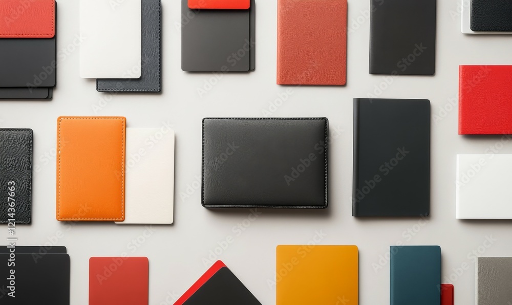 Collection of business cards and a wallet are shown in various sizes and colors. Collection of business cards and a wallet are shown in various sizes and colors.