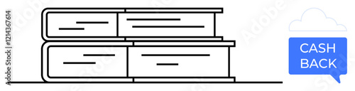 Stacked books in a minimalist style with a cash back speech bubble. Ideal for finance, education savings, book discounts, smart shopping, literary rewards, e-commerce, and study incentives. Abstract