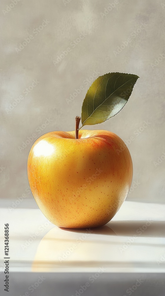 Ripe yellow apple with attached leaf, sitting on a reflective white surface, creating a simple yet elegant composition Ripe yellow apple with attached leaf, sitting on a reflective white surface, creating a simple yet elegant composition