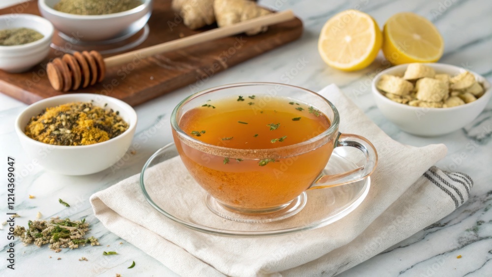 A delicate glass teacup sits on a marble countertop its vibrant tea swirling with tiny flecks of herb. Surrounding the cup are untouched bowls of ashwagandha root honey and A delicate glass teacup sits on a marble countertop its vibrant tea swirling with tiny flecks of herb. Surrounding the cup are untouched bowls of ashwagandha root honey and