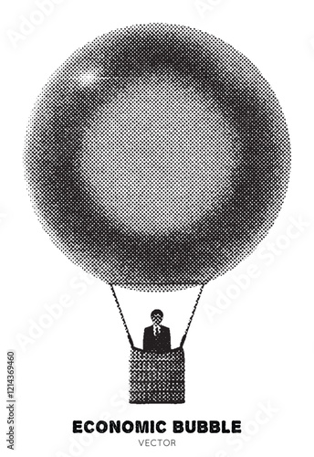 Man on hot air balloon. Businessman in basket flying on soap bubble