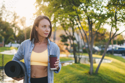 A fitness enthusiast enjoys nature with coffee and a yoga mat, enhancing the experience photo