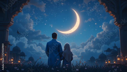 Back View of Muslim Family Viewing the Moon: Ramadan Mubarak Night Scene