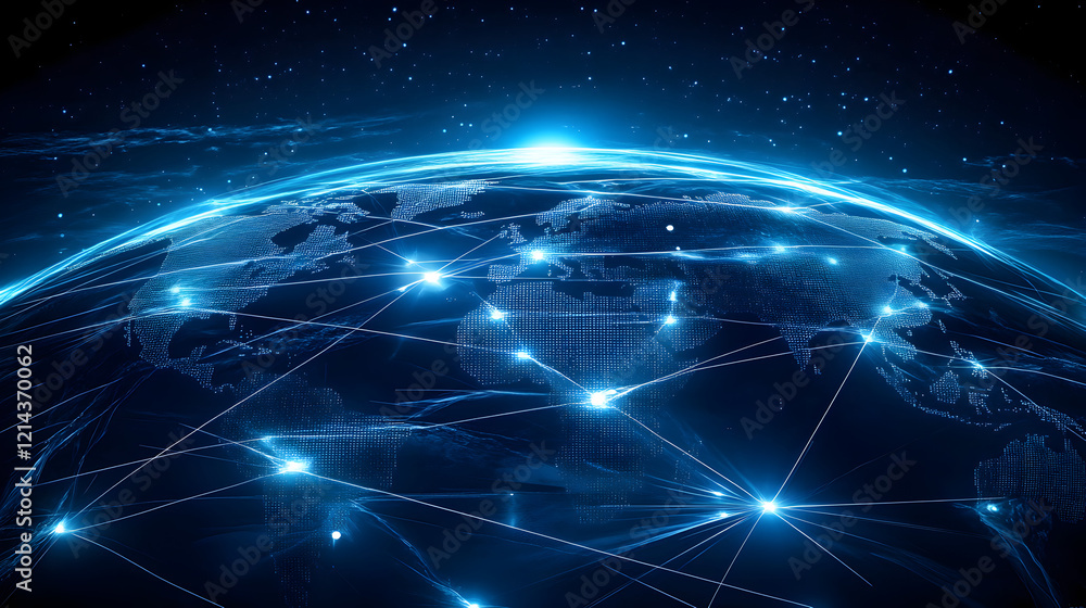 Obraz premium Global Network Connections Digital Earth Abstract Technology Background Futuristic World Map Blue Illuminated Lines Bright Glowing Nodes International Communication Data 