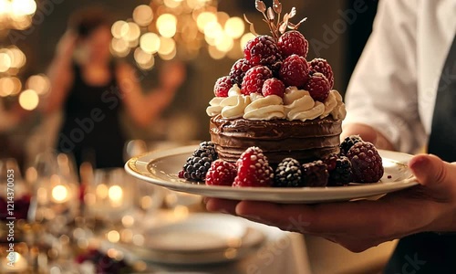 A beautifully decorated cake topped with berries, served at a celebratory event.