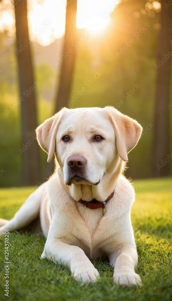 A beautiful Labrador Retriever lying on a lush green lawn, illuminated by soft golden sunlight during a peaceful evening A beautiful Labrador Retriever lying on a lush green lawn, illuminated by soft golden sunlight during a peaceful evening