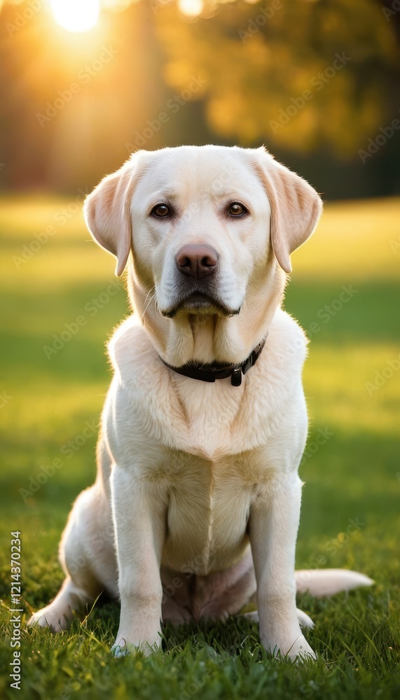 A beautiful Labrador Retriever lying on a lush green lawn, illuminated by soft golden sunlight during a peaceful evening A beautiful Labrador Retriever lying on a lush green lawn, illuminated by soft golden sunlight during a peaceful evening
