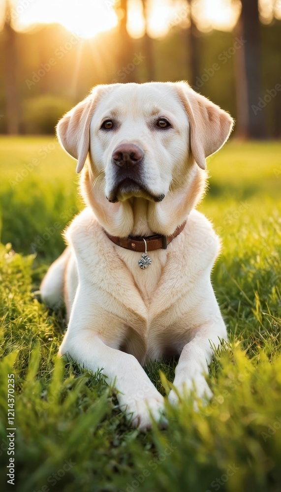 A beautiful Labrador Retriever lying on a lush green lawn, illuminated by soft golden sunlight during a peaceful evening A beautiful Labrador Retriever lying on a lush green lawn, illuminated by soft golden sunlight during a peaceful evening