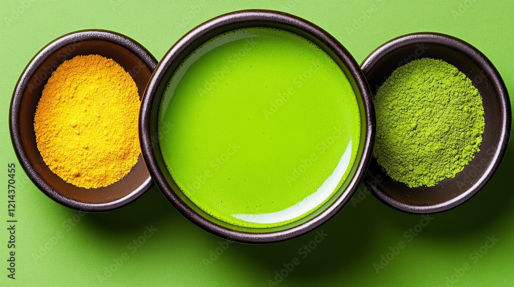 Three bowls of green and yellow powder and liquid. The bowls are arranged in a triangle Three bowls of green and yellow powder and liquid. The bowls are arranged in a triangle