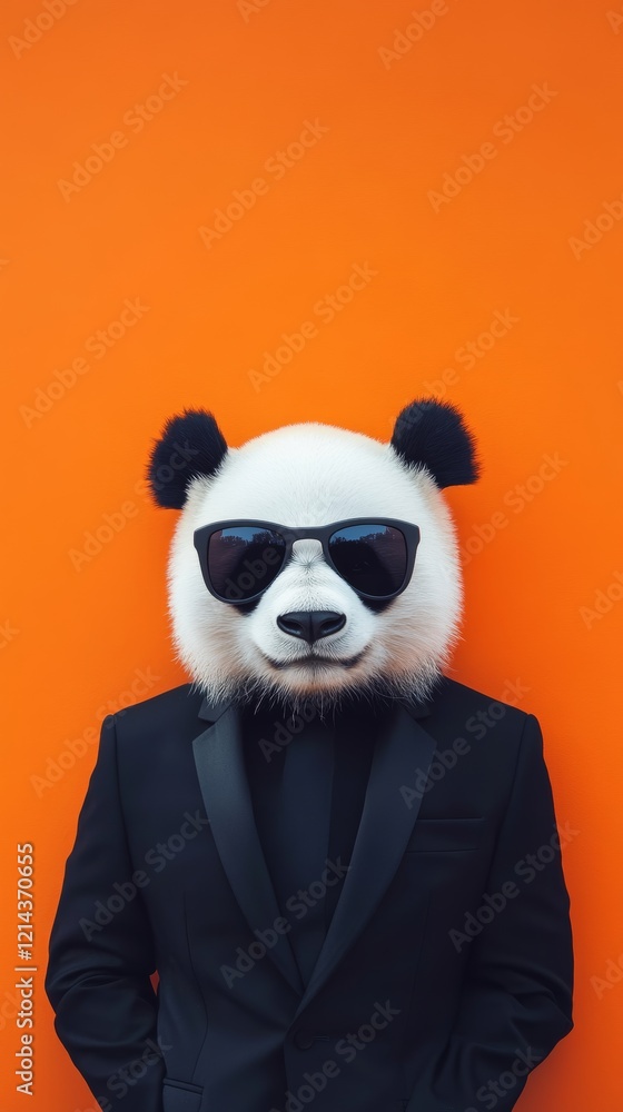 Panda professional in sleek business attire and sunglasses, posing confidently against vibrant orange backdrop with playful corporate style