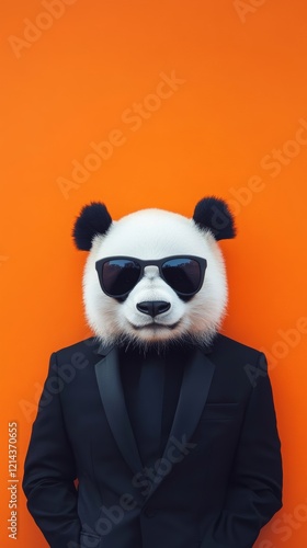 Obraz na płótnie Panda professional in sleek business attire and sunglasses, posing confidently against vibrant orange backdrop with playful corporate style w salonie