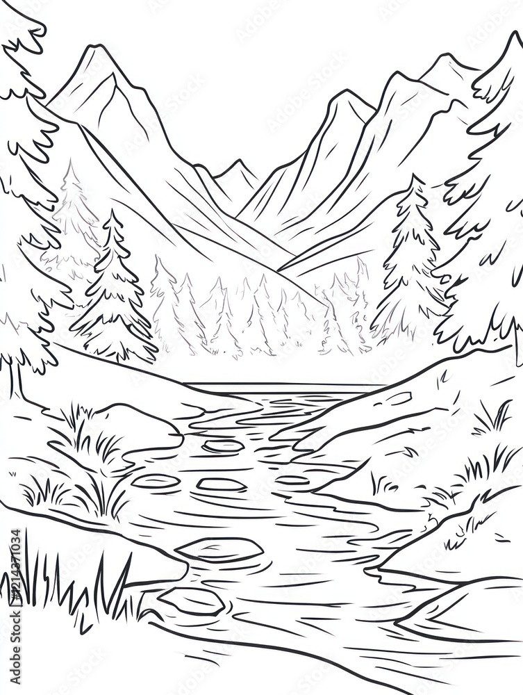 Serene Mountain River Landscape With Evergreen Trees Serene Mountain River Landscape With Evergreen Trees
