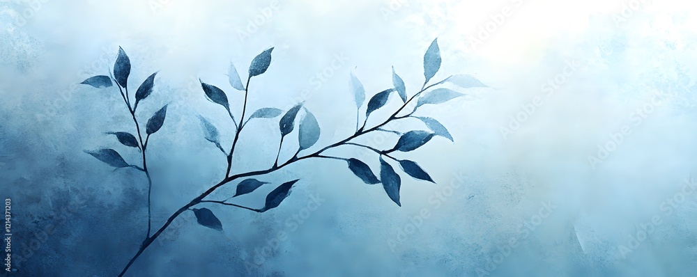 Serene Blue Watercolor Branch with Leaves Serene Blue Watercolor Branch with Leaves