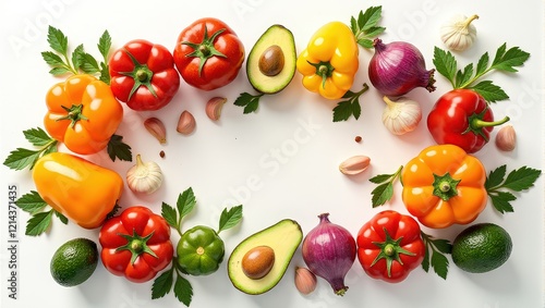 A vibrant medley of colorful veggies and fruits artfully arranged in an oval pattern on a pristine white backdrop—featuring avocados, tomatoes (both green and red), red onions, yellow bell peppers. Pe photo