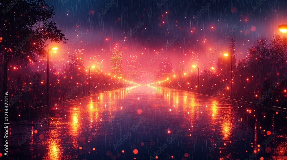 Rainy night street scene with glowing lights and reflections. Rainy night street scene with glowing lights and reflections.