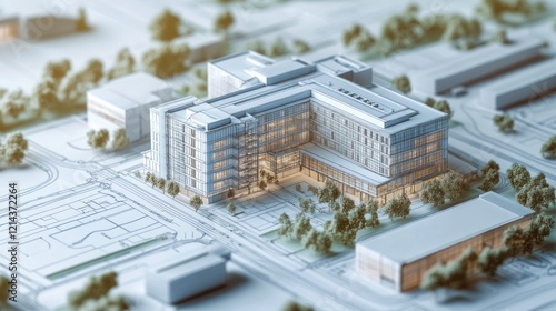 Architectural model of a modern hospital building on blueprints.