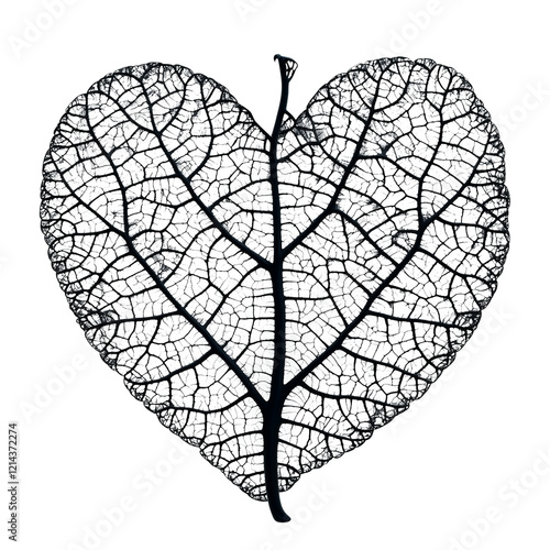 Heart Shaped Leaf Skeleton for Nature’s Intricate Design in Black and White, Botanical Detail, Transparent Background, AI Generated Images photo