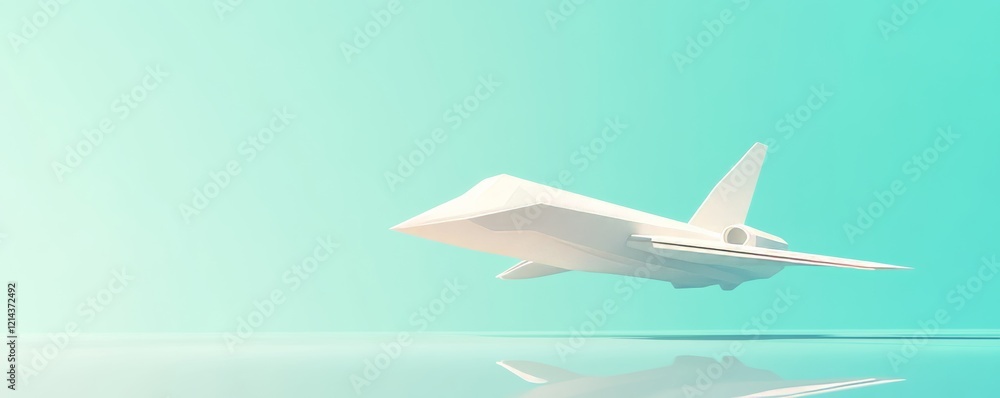 Minimalist rendering of a white abstract supersonic airplane flying over a turquoise background, with copy space Minimalist rendering of a white abstract supersonic airplane flying over a turquoise background, with copy space