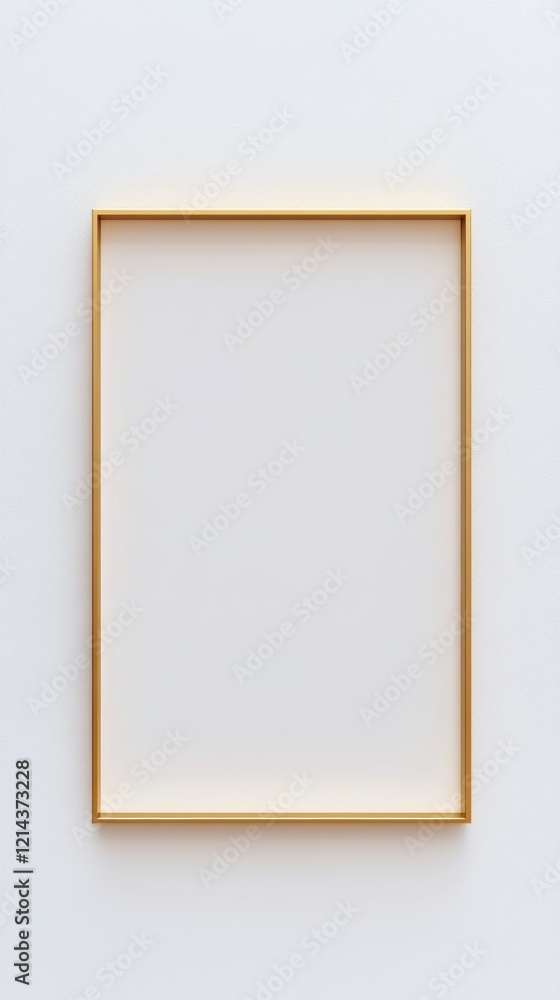 Golden vertical frame suspended against white wall, offering elegant display surface Golden vertical frame suspended against white wall, offering elegant display surface