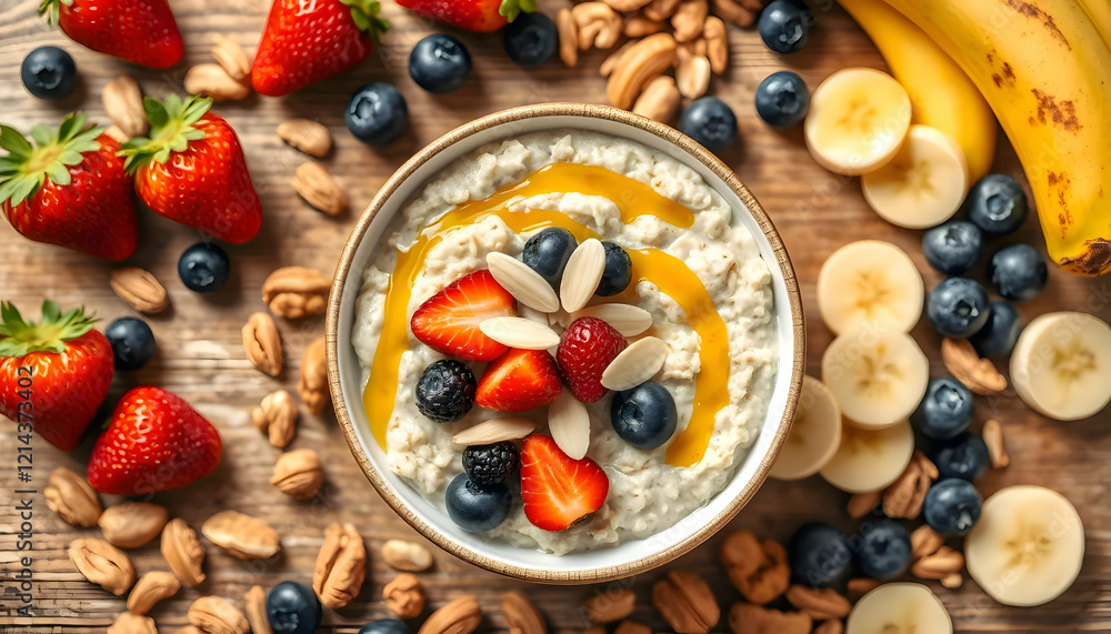 Delicious Oatmeal Breakfast Bowl with Berries, Bananas, and Nuts Delicious Oatmeal Breakfast Bowl with Berries, Bananas, and Nuts