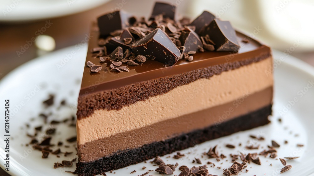 Obraz premium Chocolate cake slice on a white plate with fork and decorative elements on a wooden table