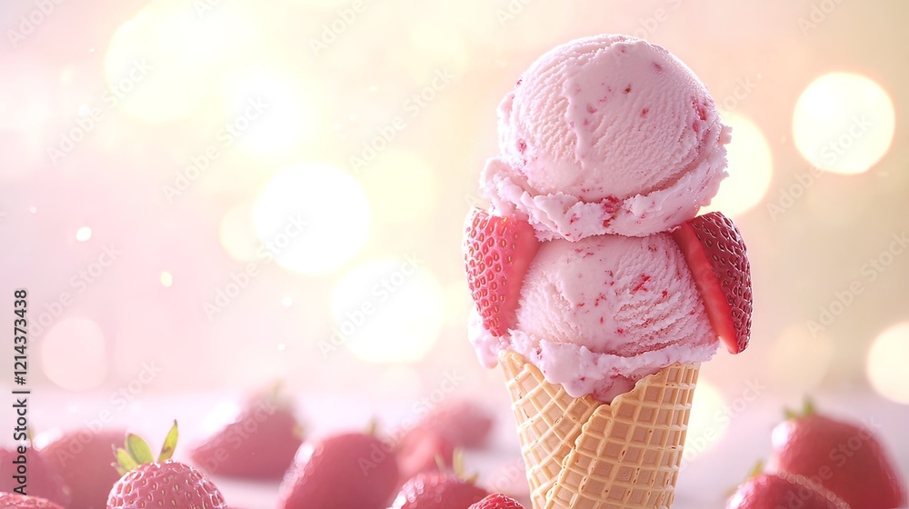 Two scoops of strawberry ice cream in a waffle cone, garnished with fresh strawberries, against a bokeh background. Two scoops of strawberry ice cream in a waffle cone, garnished with fresh strawberries, against a bokeh background.