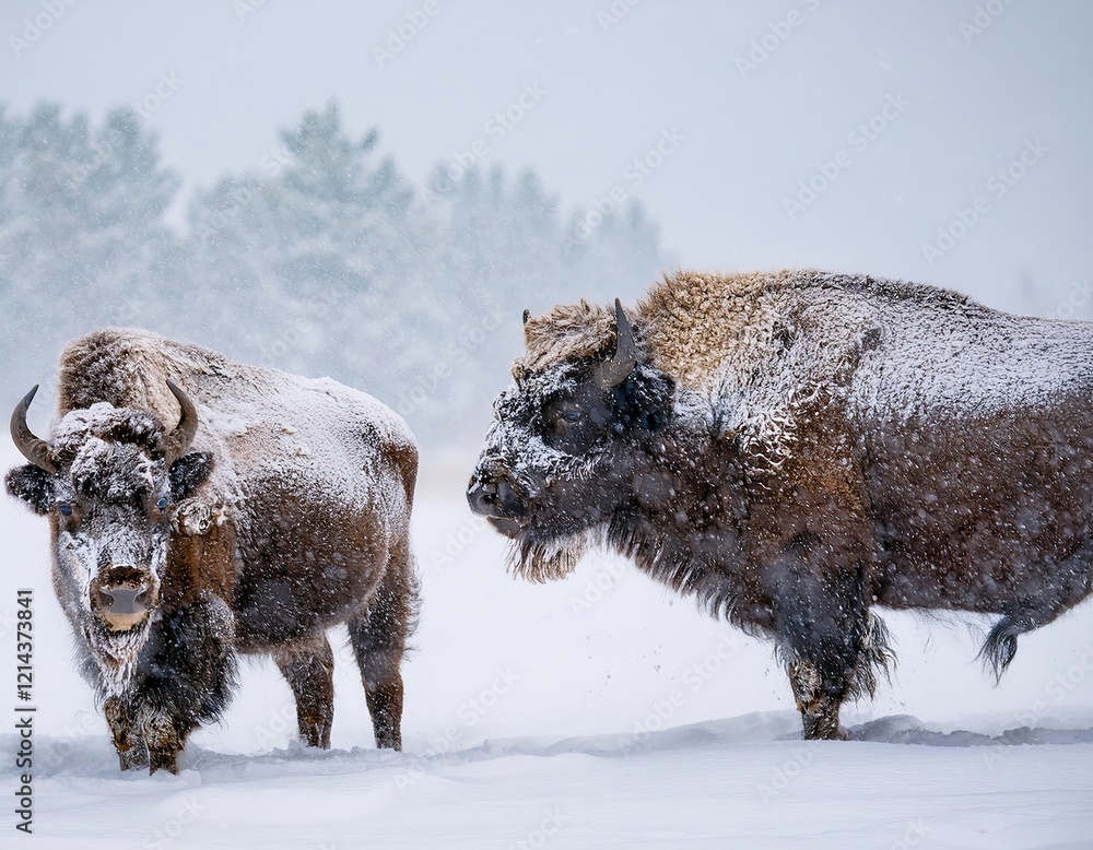 Naklejka premium European bison walking in snow blizzard in winter forest
