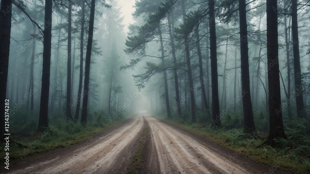 Obraz premium misty forest path stretches through tall pine trees, shrouded in mystery and tranquility, inviting wanderers to explore its serene and ethereal beauty