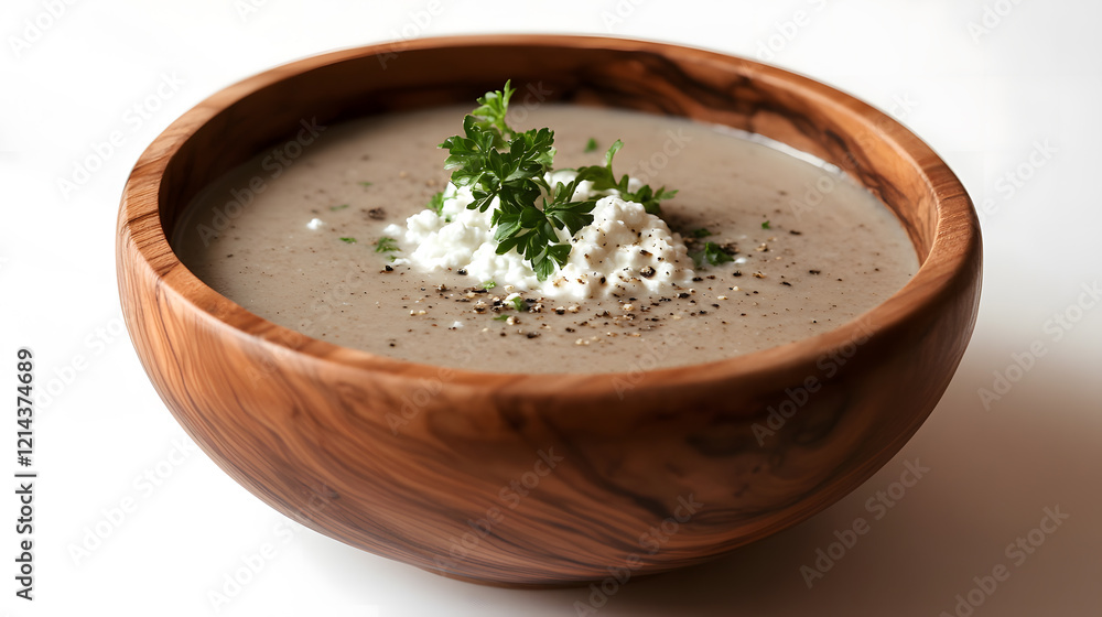 Rustic bowl of creamy soup garnished with fresh herbs. Rustic bowl of creamy soup garnished with fresh herbs.