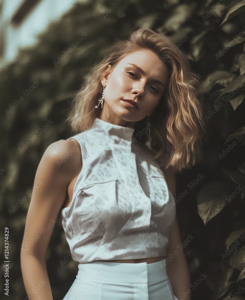 Naklejka premium An Elegant Young Woman Dressed in a Stylish white Outfit. Fashion model