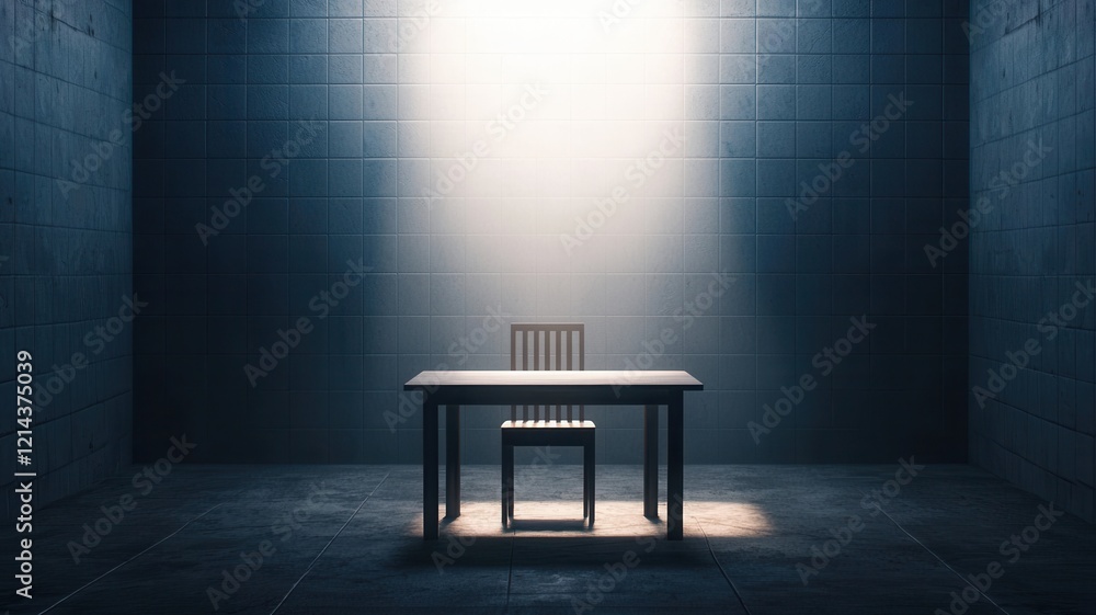 Empty Interrogation Room Table Chair Spotlight Tile Walls Dark Atmosphere Suspenseful Setting Crime