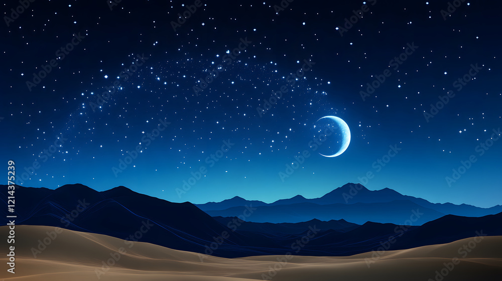 Serene night sky with stars and a crescent moon over mountains and desert landscape Serene night sky with stars and a crescent moon over mountains and desert landscape