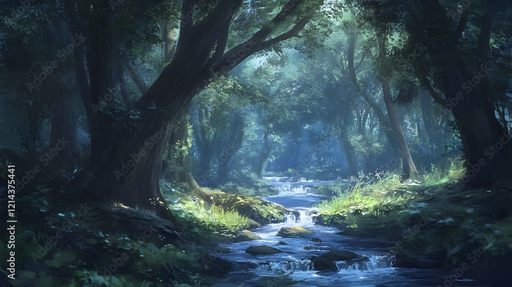 Enchanting Forest Stream  Lush Green Nature  Magical Woodland