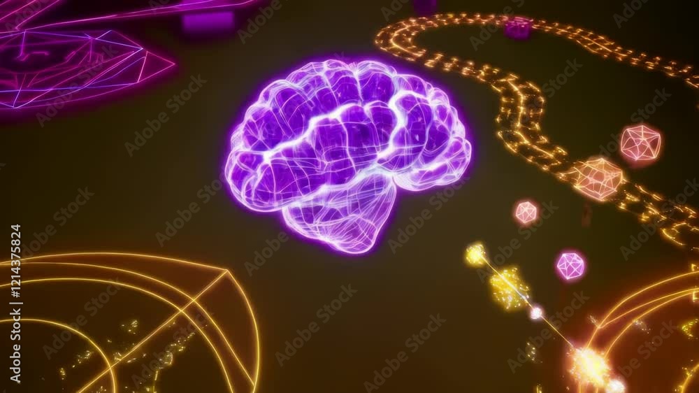 Glowing brain hologram transitions to abstract network animation with neon colors Glowing brain hologram transitions to abstract network animation with neon colors
