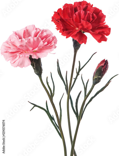 mother's day, a pink carnation and red carnation, with green stems, its petals in a soft, layered manner on an isolated background