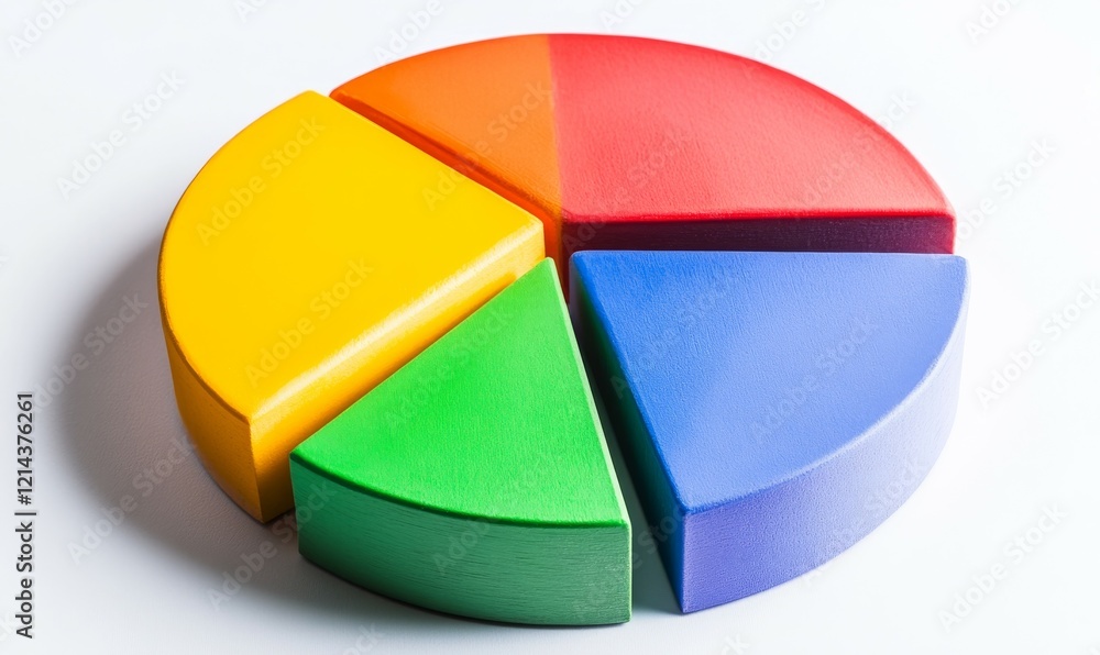 Colorful pie chart is cut into five pieces. The colors are red, yellow, green, blue, and purple Colorful pie chart is cut into five pieces. The colors are red, yellow, green, blue, and purple