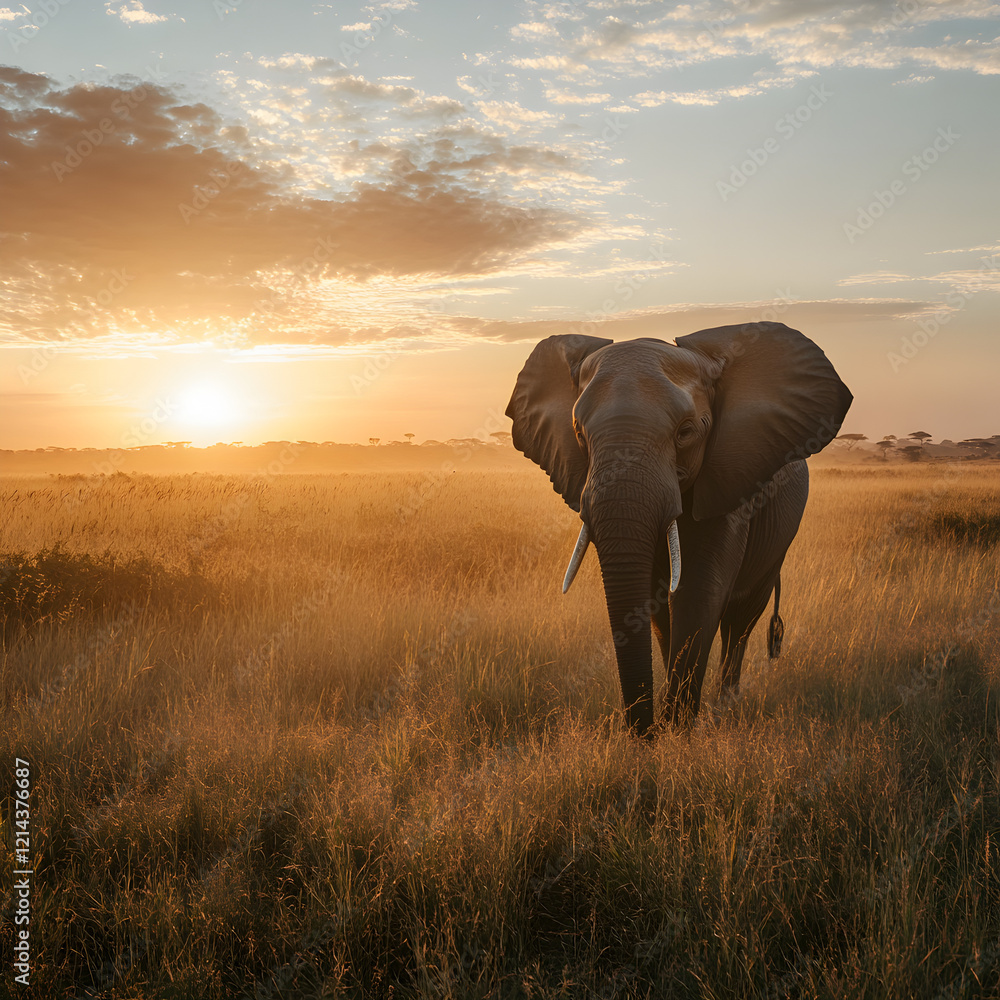 Obraz premium African Elephant at Dawn: A majestic African elephant stands tall against a breathtaking sunrise, its silhouette casting a long shadow across the golden savanna.