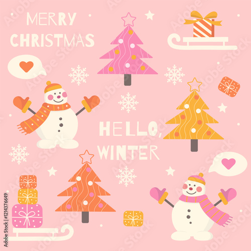 Christmas winter season element set: quotes, christmas characters, sleigh, gifts,  bright christmas trees. Vector illustration 