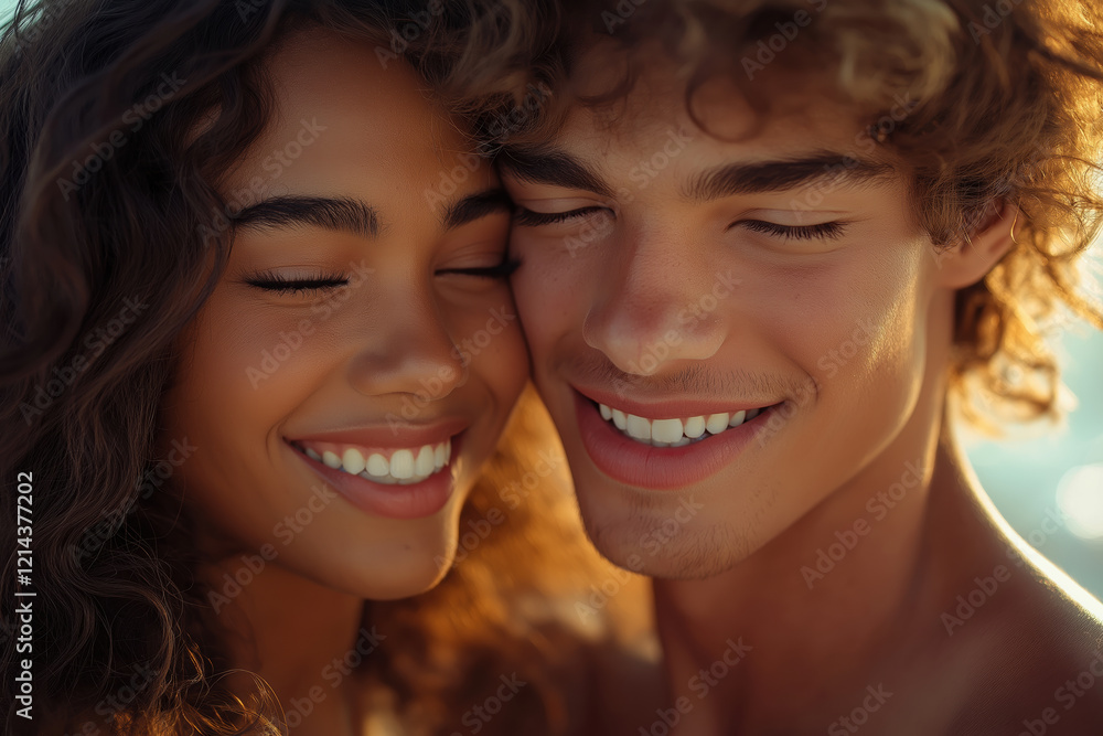 Joyful young Caucasian couple smiling together under the sun Joyful young Caucasian couple smiling together under the sun
