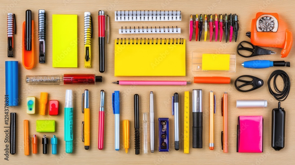 Flat lay of business tools like sticky notes, a notebook, and pens arranged on a light wood table with copy space. Flat lay of business tools like sticky notes, a notebook, and pens arranged on a light wood table with copy space.