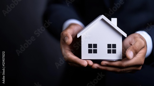 A person holding a miniature house, symbolizing real estate and home ownership.