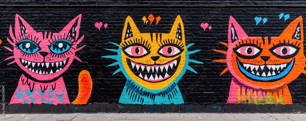 Obraz premium Vibrant Colorful Cat Graffiti Art Mural on Brick Wall Street Art